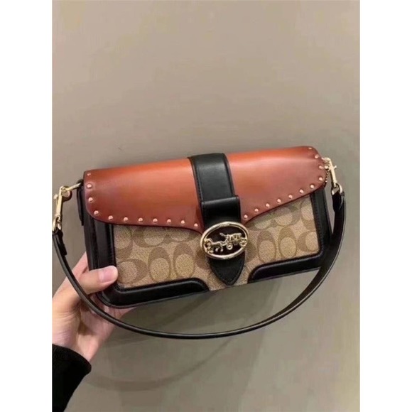 Coach Handbags - Coach 5605 Georgie Shoulder Bag In Colorblock Signature Canvas With Rivets Khaki